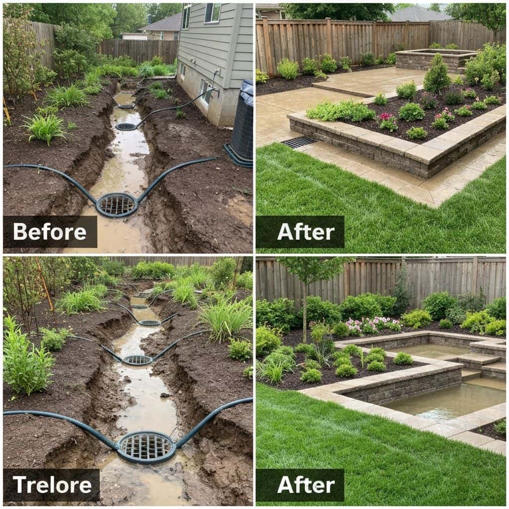 Backyard remodeling project showing drainage issue and solution