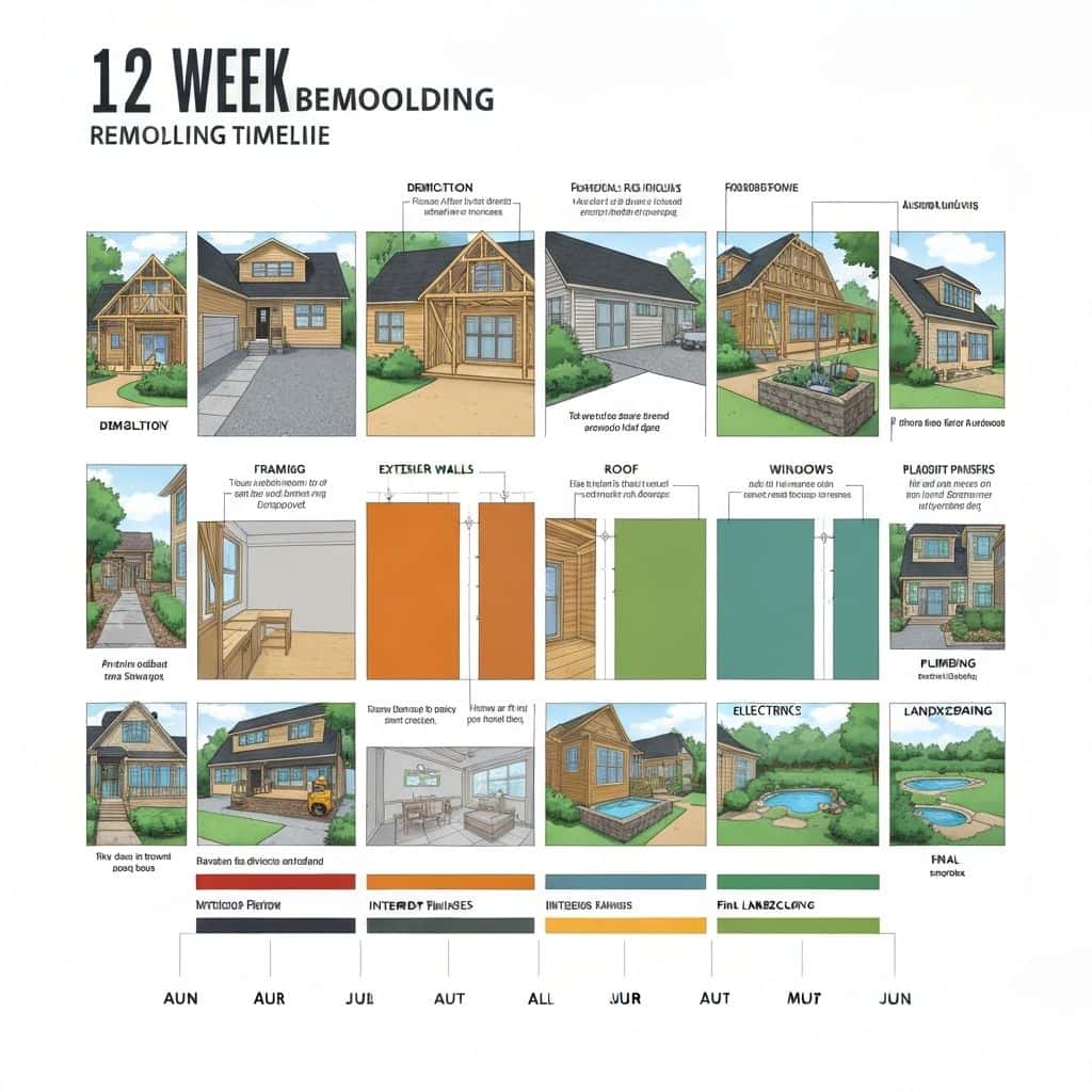 Timeline visualization showing backyard remodel progression over 12 weeks