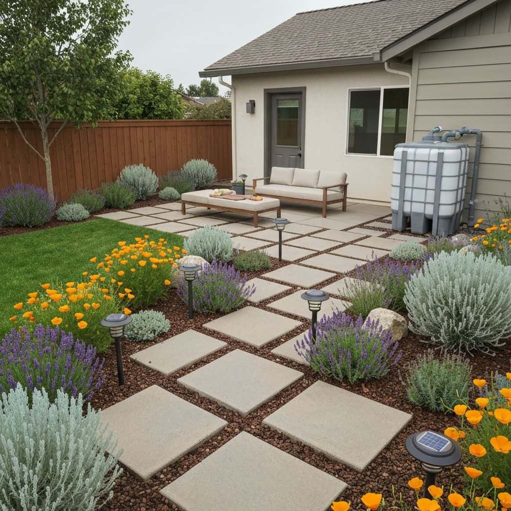 Sustainable backyard design with native plants, permeable pavers, and water features