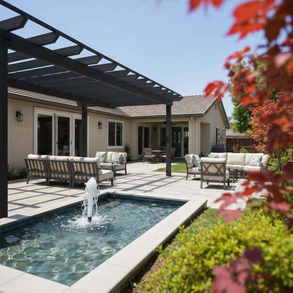 Shaded backyard with pergola and water feature demonstrating energy efficient design