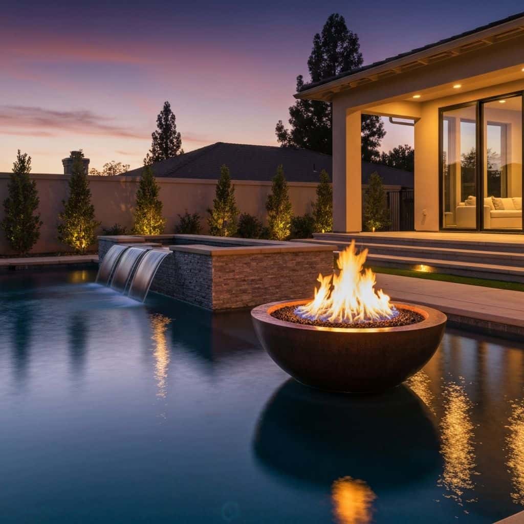 Luxury pool with fire bowls and water features at dusk