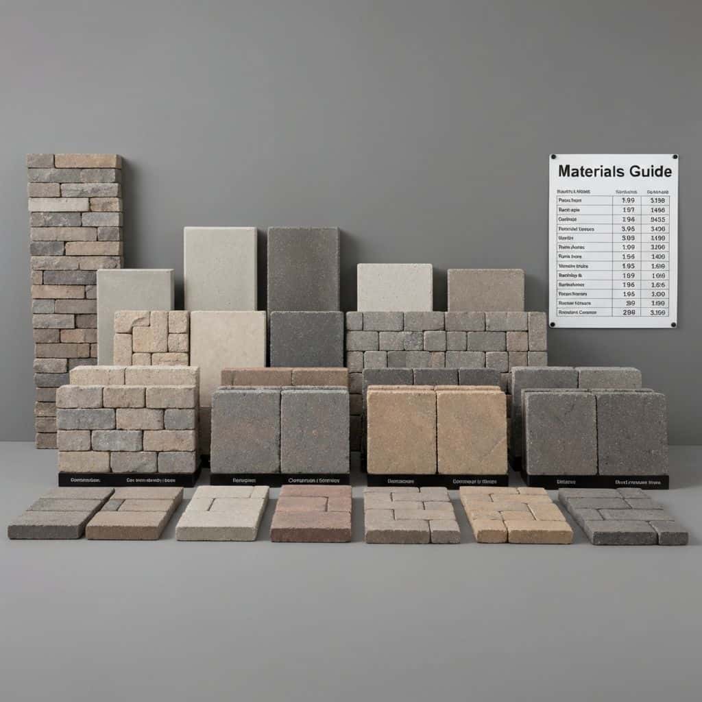 Various hardscape materials showing cost comparison samples