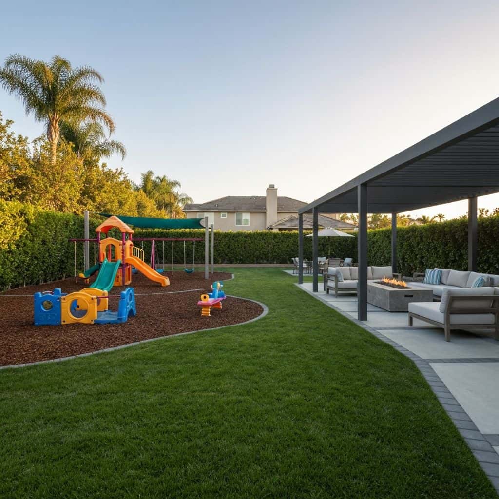 Backyard with separate kid play zone and adult lounge area with pergola