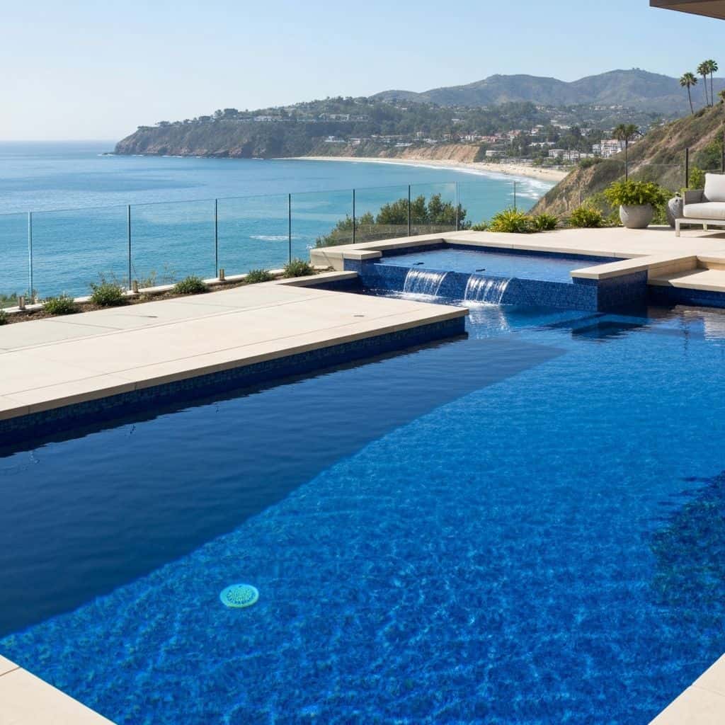 Artistic pool design in Laguna Beach with ocean view and custom tile