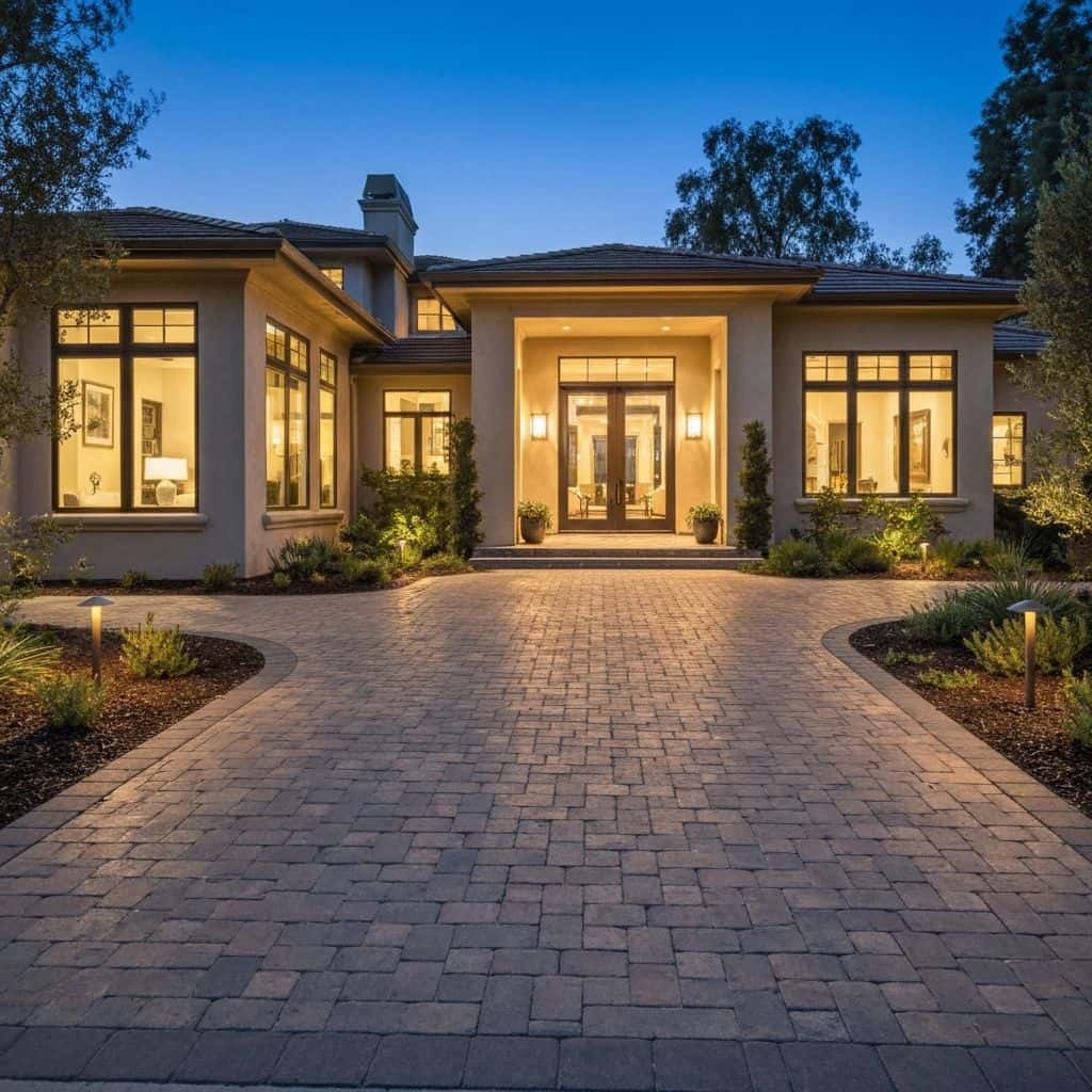 Luxury paver driveway with decorative pattern and landscape lighting