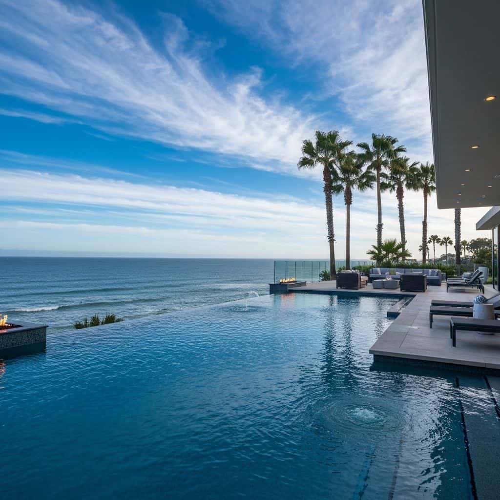 Modern infinity pool overlooking Newport Beach with fire feature