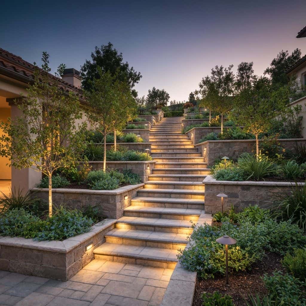 Elegant stone outdoor stairs with lighting in California landscape