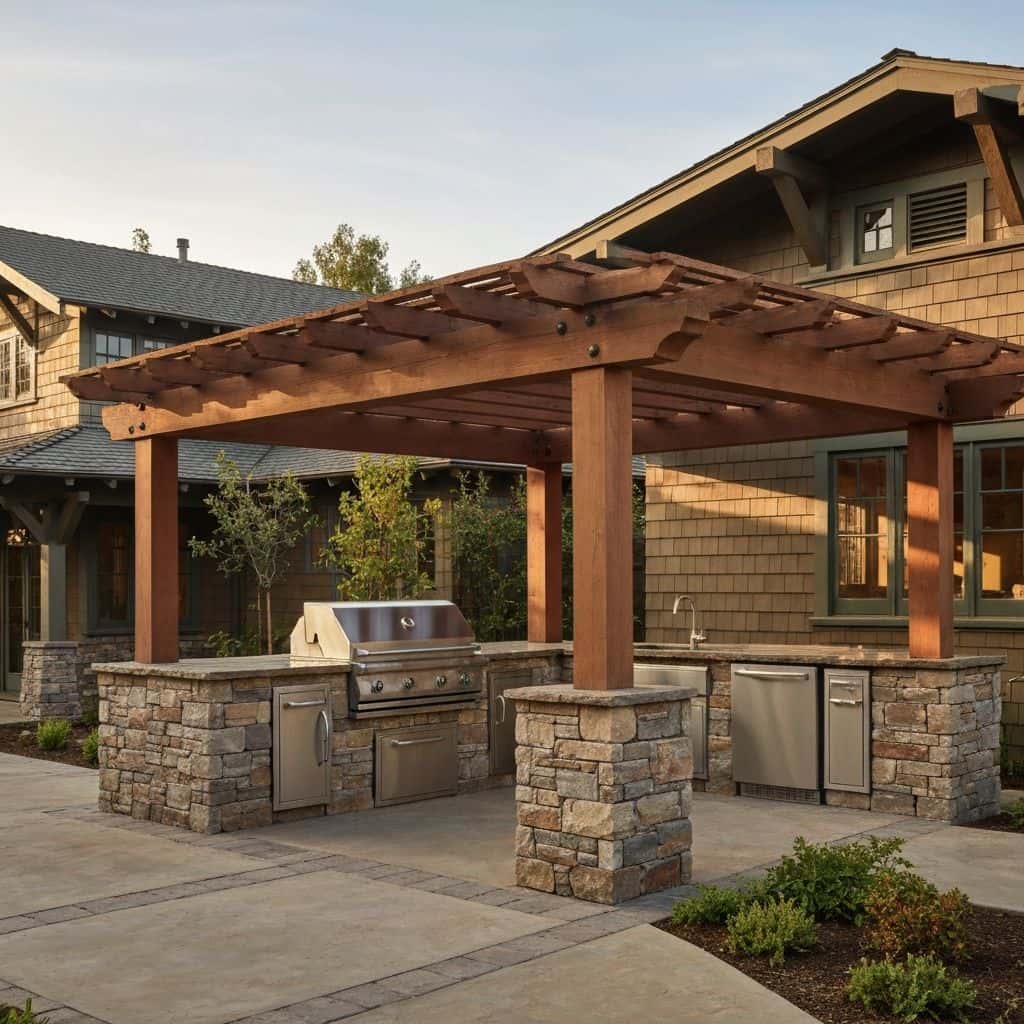 Craftsman-style outdoor kitchen with stone and wood details in Pasadena