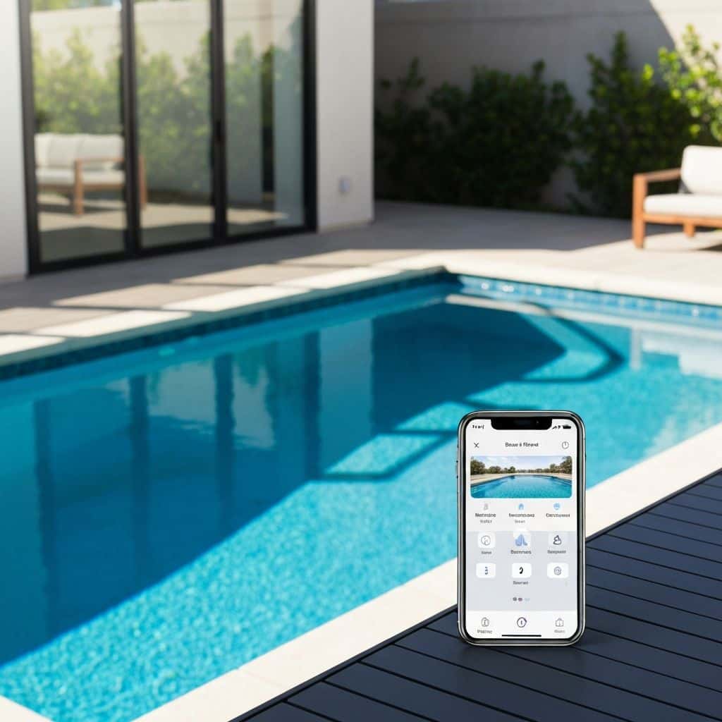 iPhone displaying pool automation app with smart pool controls