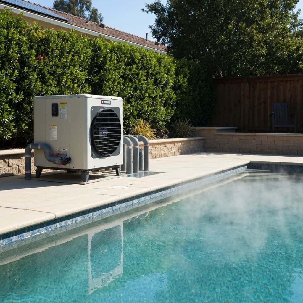 Pool heat pump installation in California backyard