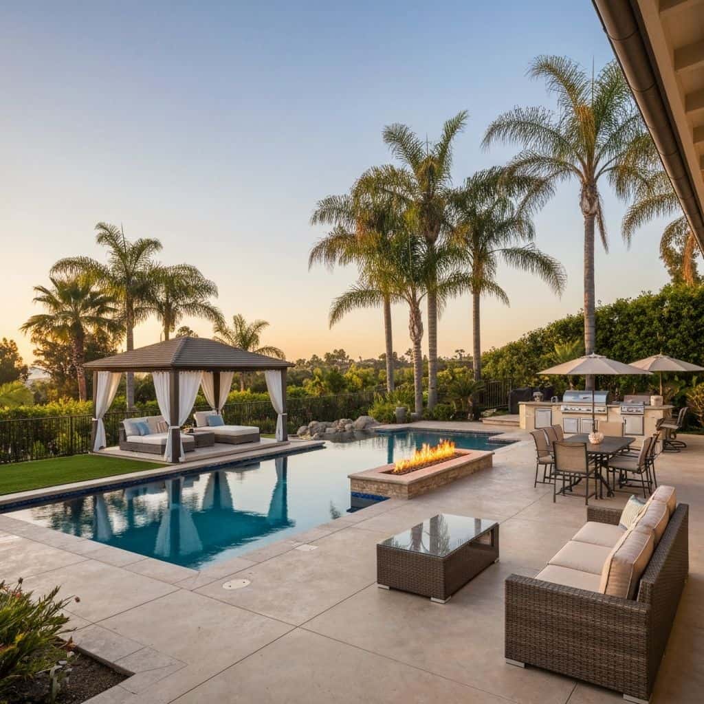 Luxury resort-style backyard with pool, cabana, and outdoor kitchen