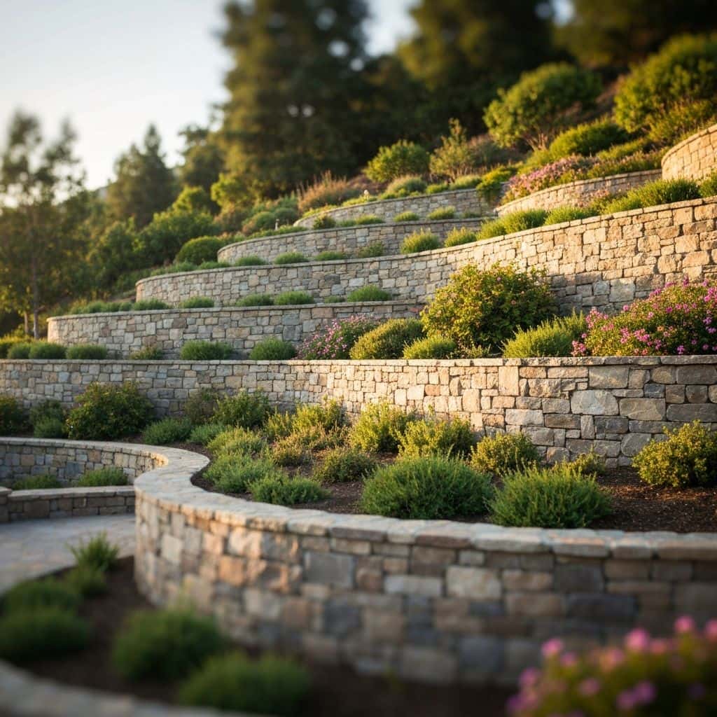 Terraced retaining walls with integrated landscaping on California hillside