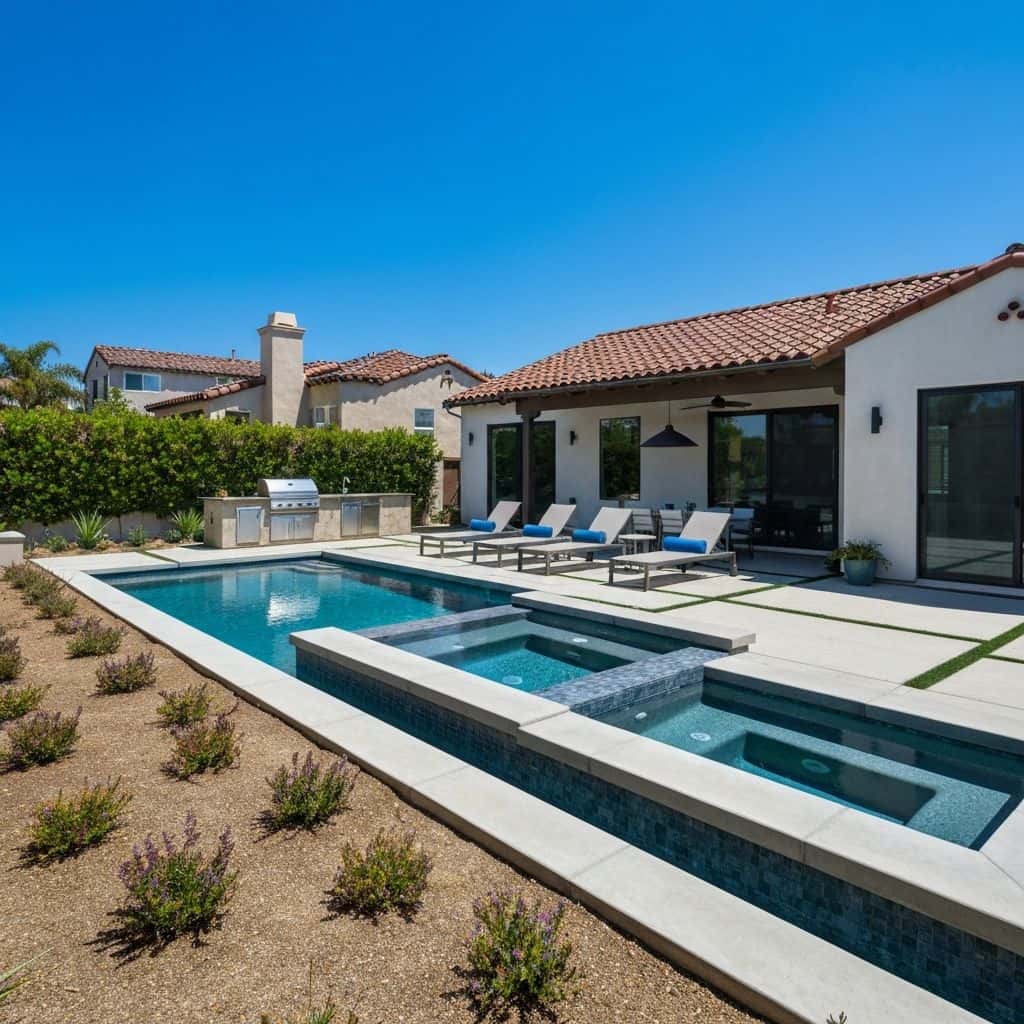 Modern San Diego backyard with pool and outdoor kitchen