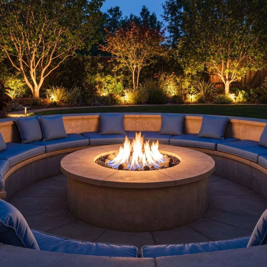 Circular sunken fire pit with built-in seating and cushions at night
